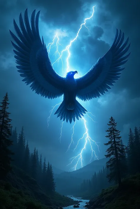 Imagine a giant Thunderbird flying through a dark, stormy sky full of energy. Its enormous wings spread wide, each time it flaps, creating a flash of lightning that strikes and illuminates the dark clouds around it. Its feathers glistened with a bright blu...