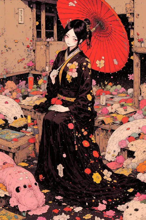  A Woman in Kimono in a Jet Black Mourning Dress ,Holding a traditional red Japanese umbrella,cigarette, Surreal Collage ,a contemporary artistic コラージュ,collage art work,  body line, new album jacket, great work!! digital collage ,collage art , contemporary...