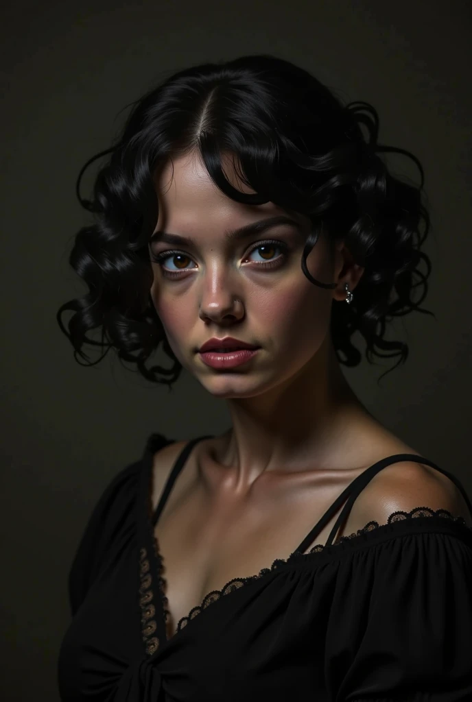 I want a dark image , Tim Burton style, Of an average corpulent brunette woman bordering on obesity, short and very curly hair touching the shoulder,  slightly perched rounded pointed nose, first king jambo,  medium to large forehead ,  slightly forward te...