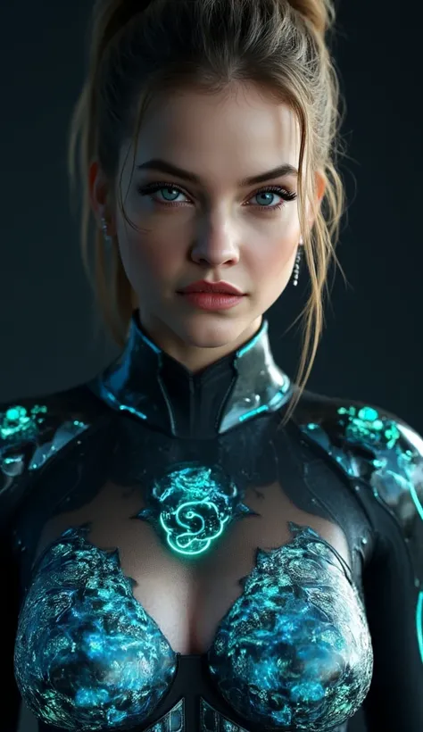 A woman in a futuristic suit with glowing lights on her chest