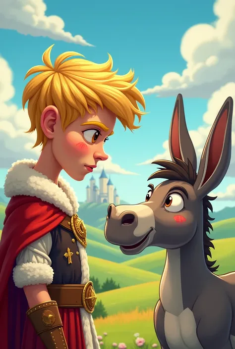 The blond, young king staring seriously at the donkey, thinking. Make it like a cartoon