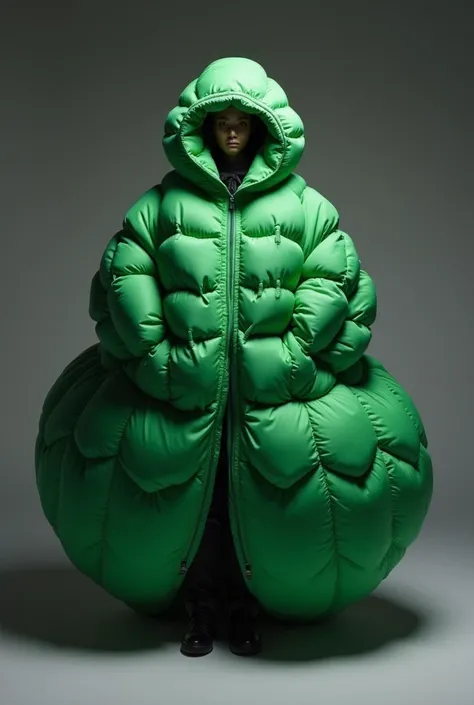 "A futuristic, avant-garde puffer jacket with a bold, quilted design displayed on a model standing against a neutral dark-gray gradient background. The jacket is oversized and entirely green, with a unique bubble-like texture created by evenly spaced circu...