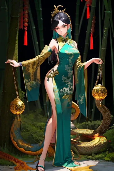 Snake cloth, chinese woman, long jet-black hair, golden serpent hairpins, gold serpent scale silk qipao, (gold), (leans forward:1.3), emerald scale embroidery, jade-green slit eyes, iridescent serpent, turquoise scales, coiled pose, misty bamboo forest, fl...