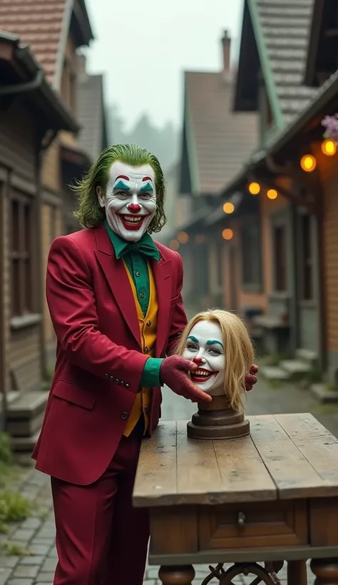 In a street with wooden houses in the background, the joker is standing near a table, placing his hand on the wooden Harley Quinn head on the table. He is laughing energetically and looking at the camera."