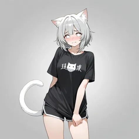 She is a 17. girl with gray hair, white eyes White cat tail , cat ears, a Black T-shirt shorts ,  I'm embarrassed Spicy 