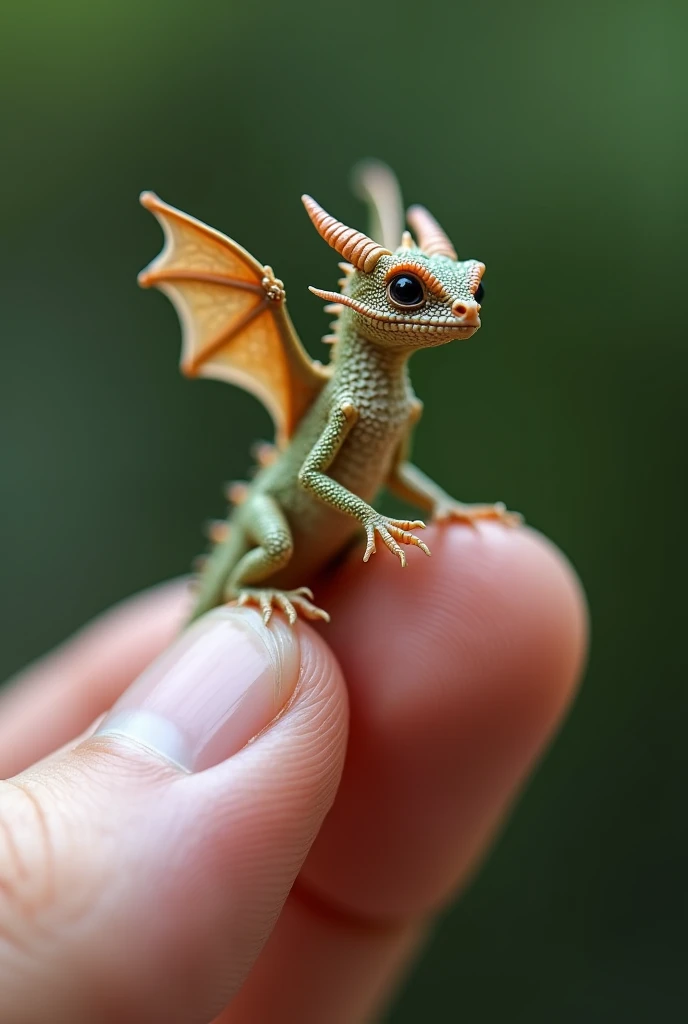 A tiny dragon about the size of a human finger, is shown in extreme close-up while standing on a human finger. The animal's body and the entire finger supporting it are in sharp focus, textured detail. Capturing every fine detail of the animal and the text...