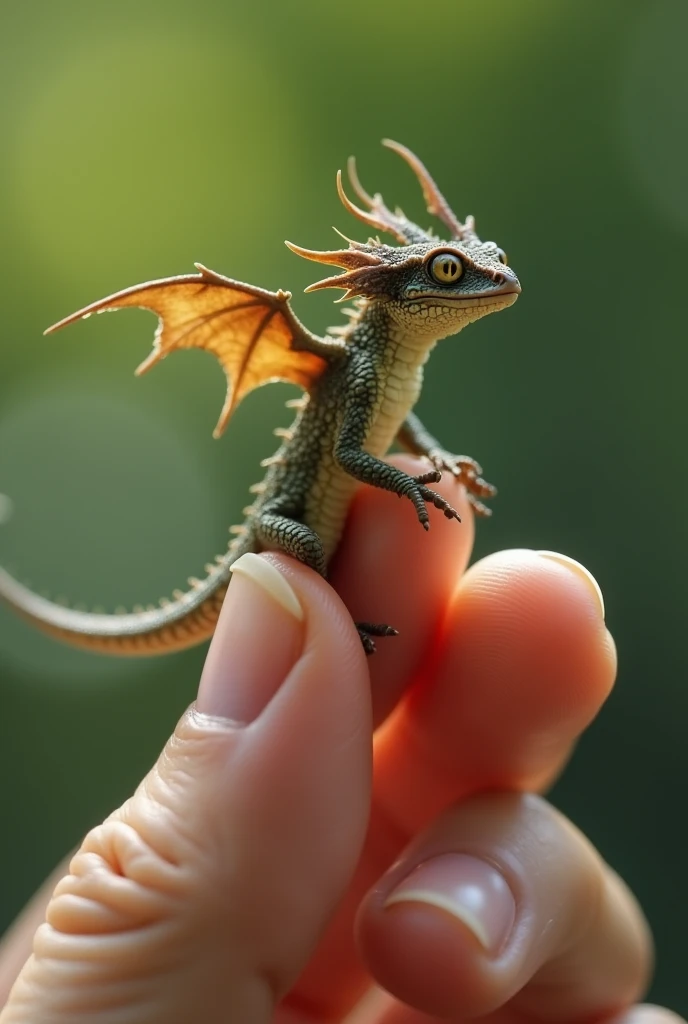 A tiny dragon about the size of a human finger, is shown in extreme close-up while standing on a human finger. The animal's body and the entire finger supporting it are in sharp focus, textured detail. Capturing every fine detail of the animal and the text...