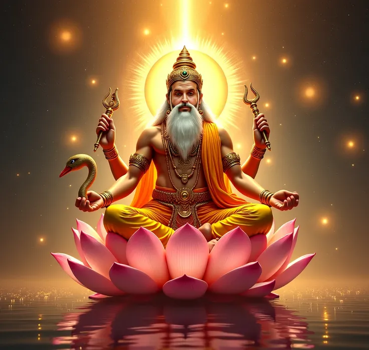 "A hyper-realistic depiction of Lord Brahma, the Creator of the Universe, as described in Hindu mythology. He has a golden-hued complexion, radiating an ethereal glow, symbolizing his infinite wisdom and divine power. Lord Brahma possesses four majestic he...