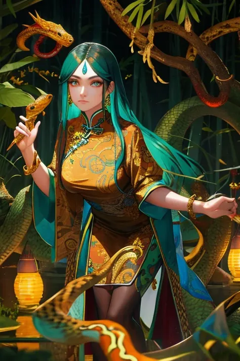 Snake cloth, chinese woman, long jet-black hair, golden serpent hairpins, gold serpent scale silk qipao, (gold), (leans forward:1.3), emerald scale embroidery, jade-green slit eyes, iridescent serpent, turquoise scales, coiled pose, misty bamboo forest, fl...