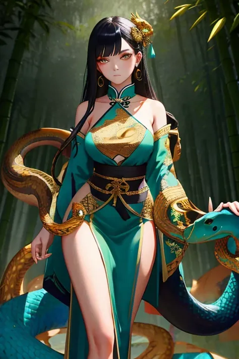 Snake cloth, chinese woman, long jet-black hair, golden serpent hairpins, gold serpent scale silk qipao, (gold), (leans forward:1.3), emerald scale embroidery, jade-green slit eyes, iridescent serpent, turquoise scales, coiled pose, misty bamboo forest, fl...