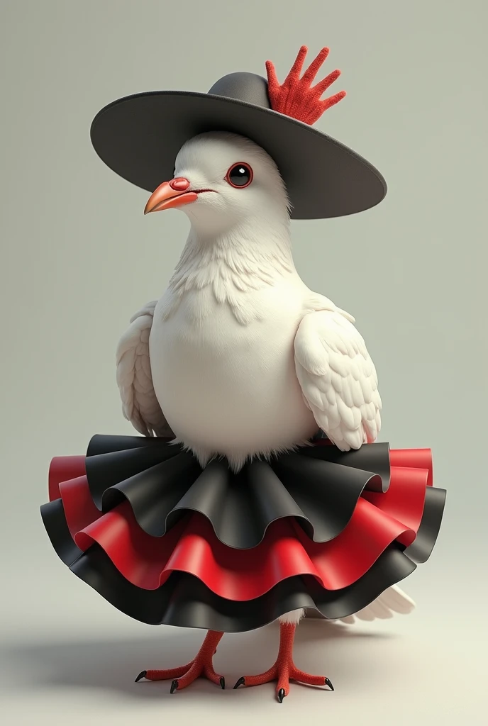 Image of a dove wearing a slap in the hand hat, black and red skirt with 7 ruffles 