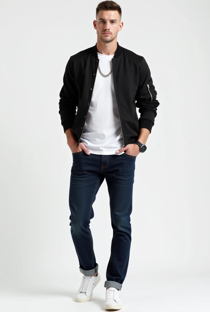 White adult young man,lean muscular,buzz cut,grey eyes Casual Cool
	•	Top: A plain white t-shirt under a black bomber jacket.
	•	Bottom: Slim-fit jeans in dark indigo.
	•	Footwear: Casual white sneakers.
	•	Accessories: Simple silver chain and a wristwatch...