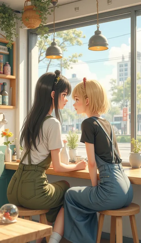 Anime style. A modern white restaurant corner with modern tables and decorations . A close-up view of Two anime girls. The first girl has black very long hair styled in two-sides ponytails, dressed in a white T-shirt and olive green overall skirt. And the ...