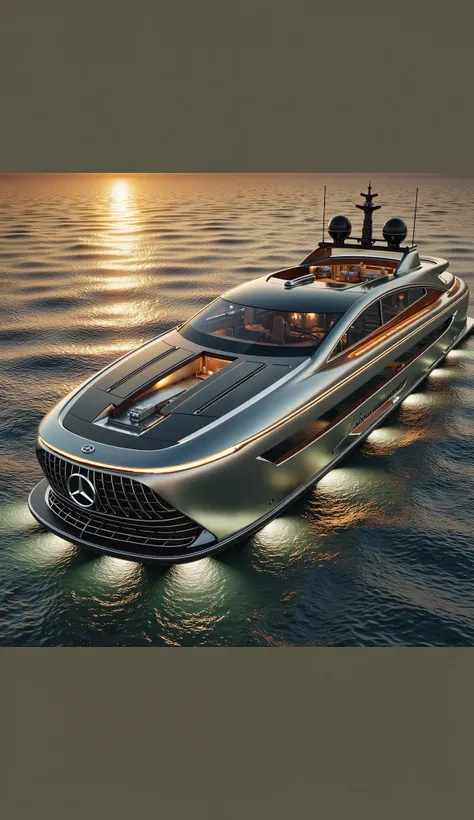 This image depicts a luxurious yacht with a futuristic design inspired by Mercedes-Benz cars, where elegance and luxury blend with advanced technology. The yacht features a front grille resembling that of Mercedes cars, with modern LED lighting and a sleek...