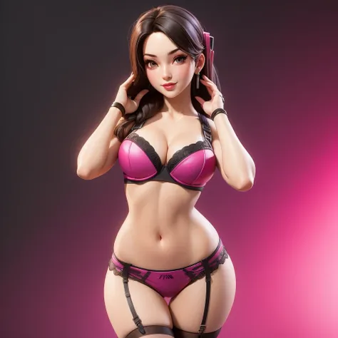 a woman in lingersuit posing for a photo with a pink background, sexy pose, ( highly detailed figure ), seductive tifa lockhart portrait, d. va from overwatch, seductive anime girl, seductive. highly detailed, pinup pose, realistic shaded perfect body, por...