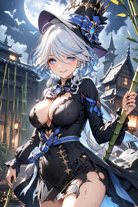  1 woman、 big breasts、 Light Blue Short Hair、Sexy witch、 beautiful face、 Long Wavy Light Blue Hair、Captivating eyes、 Tight, Exposing Black Dress 、 Tattered Clothes 、 Partially Torn Cloth 、Post-battle damage、 Outfits with Burns and Scratches 、 realistic tex...