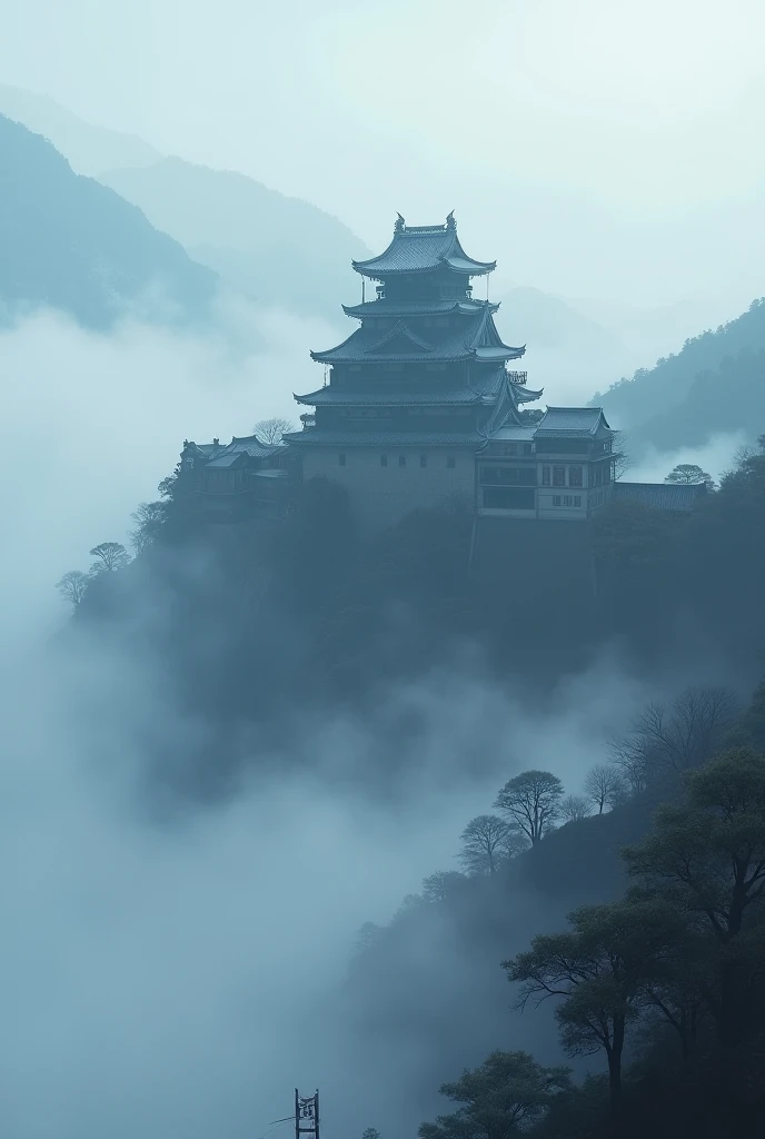 A Japanese castle rises above a misty mountain、There is a solemn and mysterious atmosphere