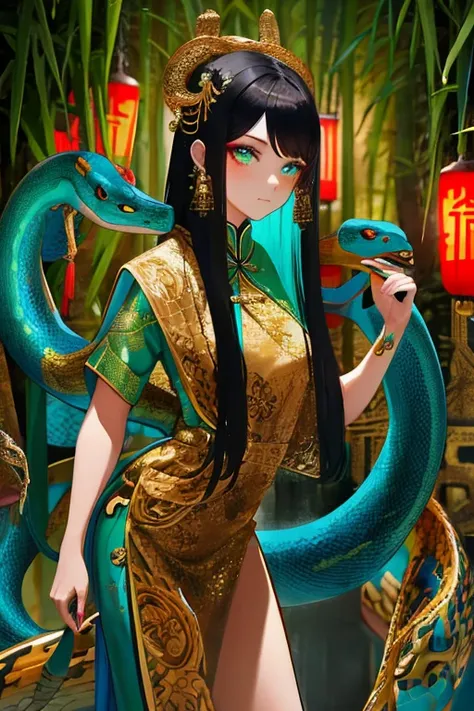 Snake cloth, chinese woman, long jet-black hair, golden serpent hairpins, gold serpent scale silk qipao, (gold), (leans forward:1.3), emerald scale embroidery, jade-green slit eyes, iridescent serpent, turquoise scales, coiled pose, misty bamboo forest, fl...