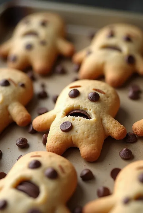 Prompt for the Second Part:

"A close-up of homemade cookies with an irregular, slightly rough texture, arranged on a baking sheet. The cookies are shaped like small humanoid figures but have an imperfect and slightly distorted appearance. Their faces are ...