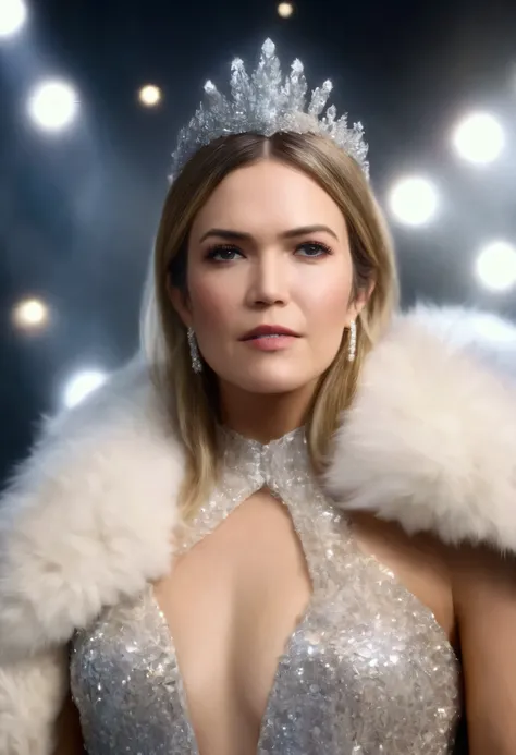 best quality, highres, 8k, masterpiece, photography, detailed midbody photorealistic portrait. Crystal Charm showcases Mandy Moore's Platinum Powerhouse demeanor. Clad in a white faux fur coat with crystal studded detailing, she dons a matching platinum mi...