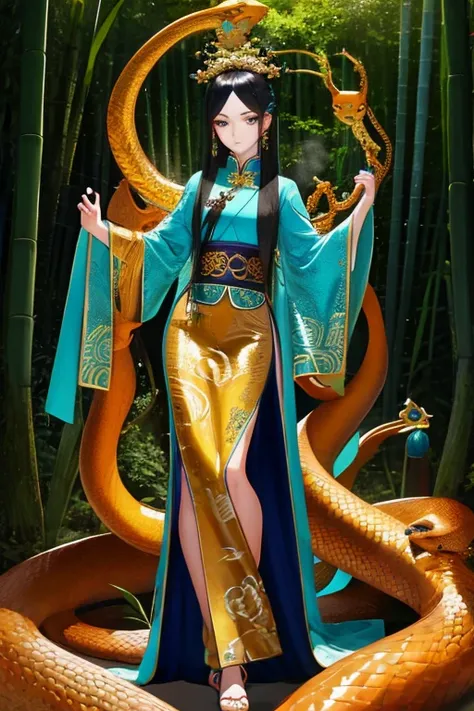 Snake cloth, chinese woman, long jet-black hair, golden serpent hairpins, gold serpent scale silk qipao, (gold), (leans forward:1.3), emerald scale embroidery, jade-green slit eyes, iridescent serpent, turquoise scales, coiled pose, misty bamboo forest, fl...