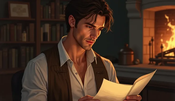 handsome Man reading a letter from the woman, his expression softening.