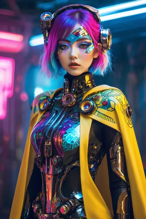 Wear a cape with a psychedelic pattern、A woman in mechanical cyberpunk fashion, wearing gorgeous accessories and flashy eye makeup