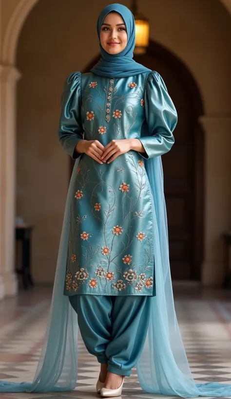 A beautiful asian mix girl and striking NAVY BLUE hijab woman,smiling,sweetly,happy face stands straight gracefully at an marriage hall, her hands straight together in front of her. She has, wavy hijab dress peeking out from beneath a organza dupatta which...