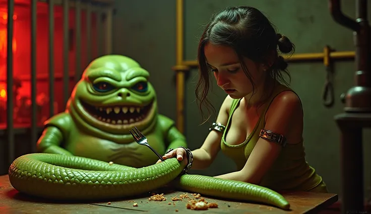 A girl in a latex BDSM suit with puffed open breasts in handcuffs eats a scary huge green worm lying on the table with a fork. In the background is the scary fat Jabba the Hutts , torture chamber, handcuffs, metal rod cage, red and yellow light.