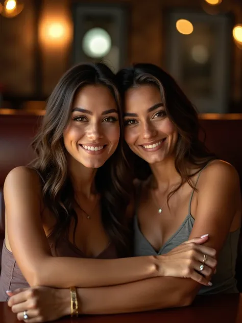 Pretty latin adult lesbian couple rings tanned romantic elegant leather sitting in pub selfie mirando a la cámara de frente 


