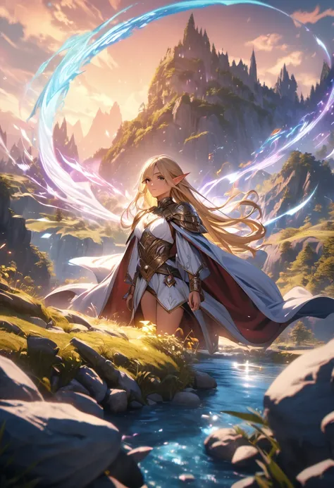 A high elf wizard in D&D style, tanned skin, golden blond hair, black eyes, extremely detailed face and eyes, intricate robes, magical aura, fantasy landscape background, cinematic lighting, vibrant colors, photorealistic, 8k, masterpiece