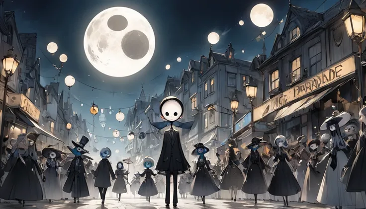    Tim Burton's Style、 transparent moon, parade、Strange person,