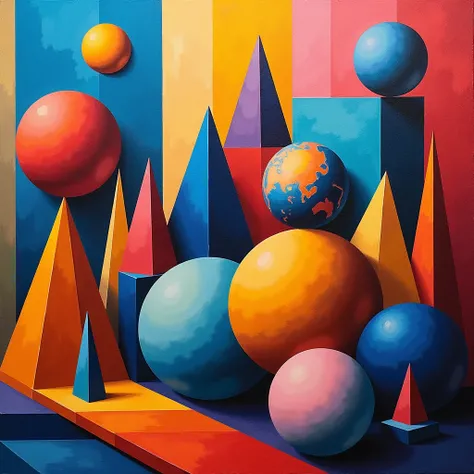 Cubist oil art work with bright colors of three-dimensional geometric shapes where there are spheres, pyramids, cubes...