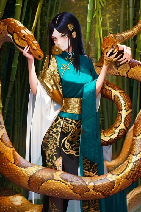 Snake cloth, chinese woman, long jet-black hair, golden serpent hairpins, gold serpent scale silk qipao, (black and gold:1.3), (leans forward:1.3), emerald scale embroidery, jade-green slit eyes, iridescent serpent, turquoise scales, coiled pose, misty bam...