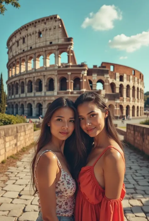 there are two women posing for a picture in front of a collage of a building, an album cover inspired by Louis Le Nain, instagram, realism, rome backdrop, coliseum backdrop, doja cat, bella poarch, beautiful aesthetic, in a coliseum, ruins in the backgroun...