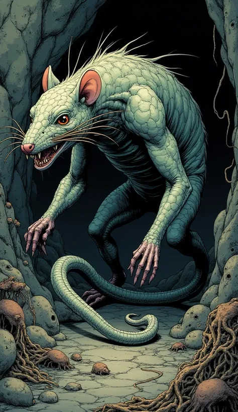 You are a fantasy painter and an expert comic book artist, generate for me a monstrous image of the fusion of a mouse and a snake