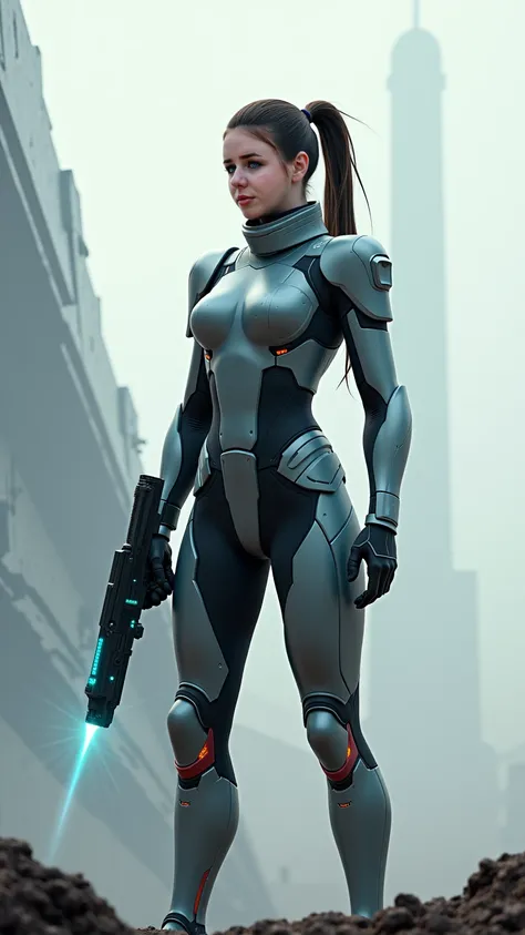 Futurism style. Woman in protective suit with laser gun in her hands 