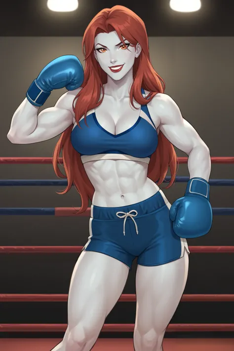 PonyXLV6_Scores BREAK (perfect anatomy, perfect eyes), BREAK mgann morzz, long hair, red hair, colored skin, white skin, orange eyes, makeup, lipstick, flirting, raised eyebrow, ((looking at viewer)), superhero, black and blue boxing gloves, black and blue...