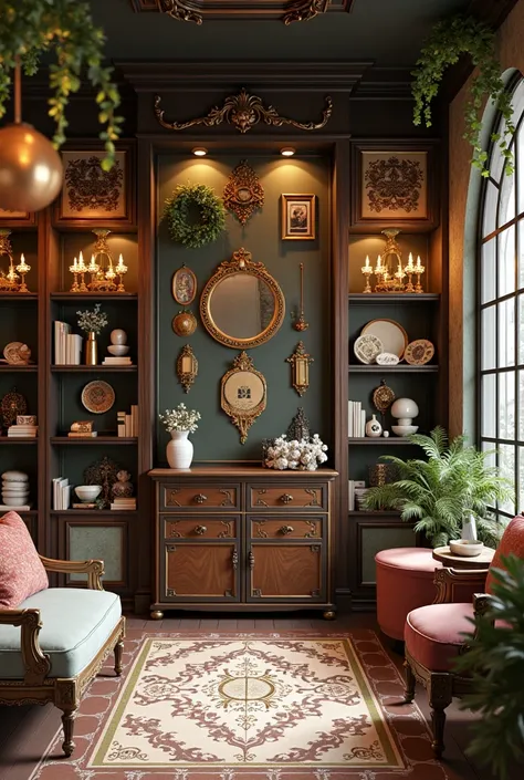 "A mix of modern boutique and antique store with rustic wooden shelves, vintage mirrors, and chic decor."