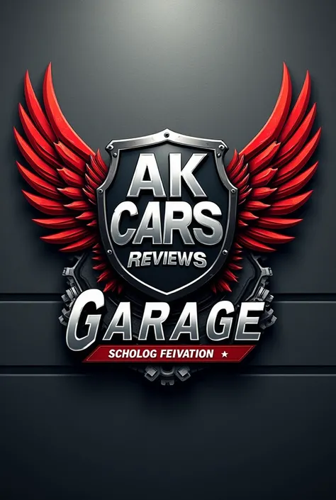 "Create a bold YouTube channel logo design featuring the text AK CARS REVIEWS Garage' with a central shield emblem. The shield should have a metallic, chrome texture and be surrounded by stylized red wings. Incorporate mechanical elements like bolts and ge...