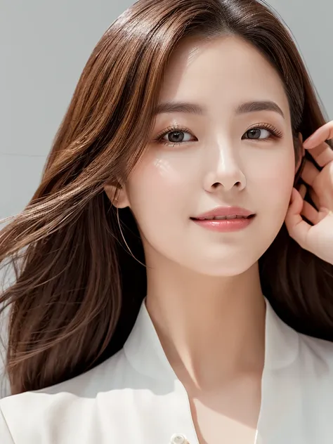 A beautiful Japanese woman with an elegant and intelligent aura, slightly elongated oval face, well-defined but soft jawline. She has almond-shaped eyes with a gentle yet sophisticated look, slightly upturned at the outer corners. Her nose is straight and ...