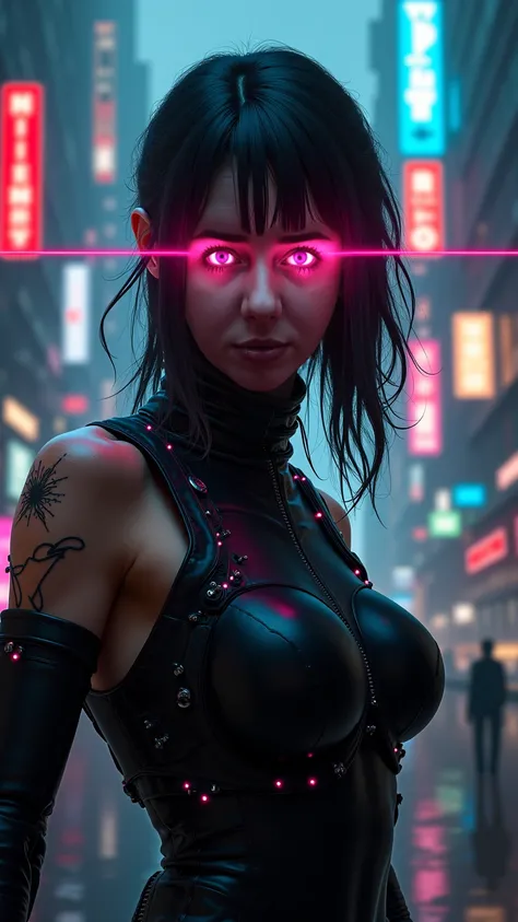 Cyberpunk style. The woman has lasers coming out of her eyes