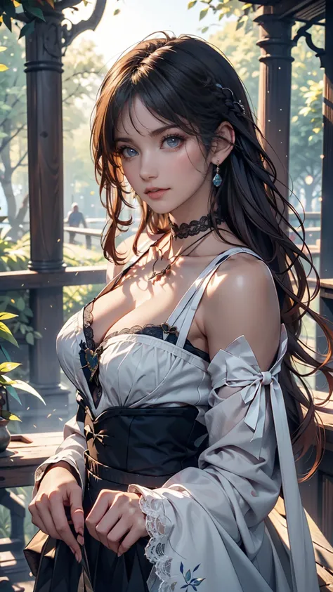  1 girl,  Masterpiece,  top quality, 8k,  detailed skin texture ,  detailed cloth texture,  beautiful detailed face,  complicated details,  Super Detail,  Alice in Wonderland, (A ribbon on her head:1.1),  upper body、 24-year-old white woman 、 long eyelashe...