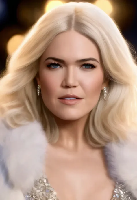 best quality, highres, 8k, masterpiece, photography, detailed midbody photorealistic portrait. Crystal Charm showcases Mandy Moore's Platinum Powerhouse demeanor. Clad in a white faux fur coat with crystal studded detailing, she dons a matching platinum mi...