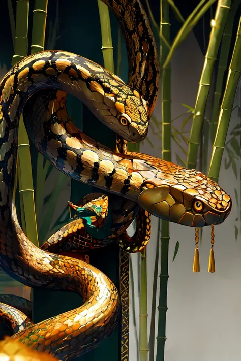 Snake cloth, chinese woman, long jet-black hair, golden serpent hairpins, gold serpent scale silk qipao, (black and gold:1.3), (leans forward:1.3), emerald scale embroidery, jade-green slit eyes, iridescent serpent, turquoise scales, coiled pose, misty bam...