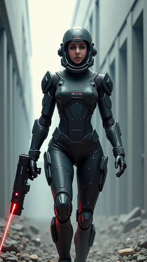 Futurism style. Woman in protective suit with laser gun in her hands 