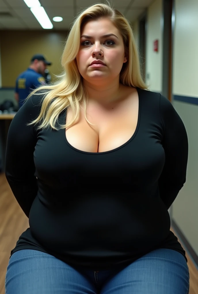 Woman, Blonde Hair, Plus Size, Chubby, Busty Cleavage, Very Big Breasts, 30 years old, black long-sleeve cotton shirt, Big hips, Blue Jeans, Sitting Down on Bench, Police Station, Hands hidden behind her back, Warm Lighting, Makeup, Impatient