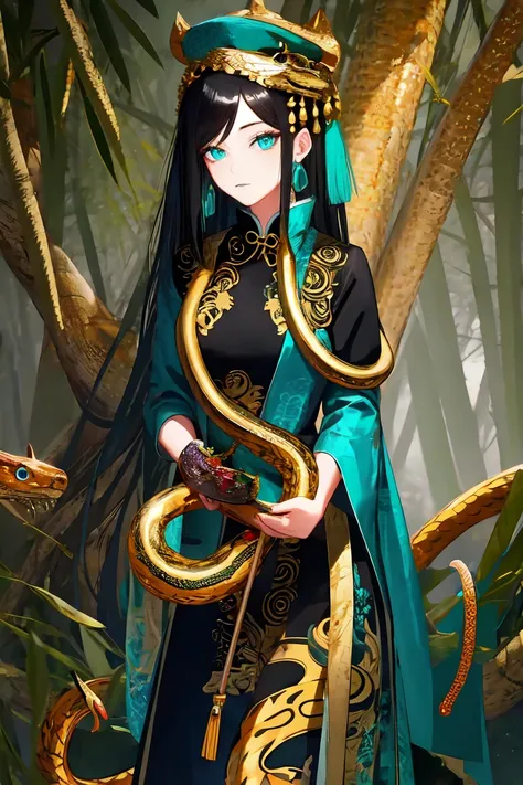 Snake cloth, chinese woman, long jet-black hair, golden serpent hairpins, gold serpent scale silk qipao, (black and gold:1.3), (leans forward:1.3), emerald scale embroidery, jade-green slit eyes, iridescent serpent, turquoise scales, coiled pose, misty bam...