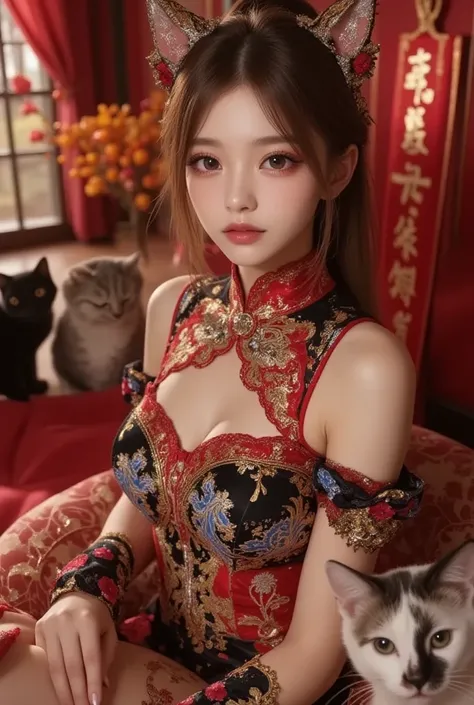 Cat ears、 face up, attractive, pretty girl, ponytail、few beautiful lady hair decorations, (( fine facial features , eroticism)), dramatic lighting , realistic , 8k, Dramatic Shadows , intricate and elaborate patterns , super detailed photo , chiaroscuro li...