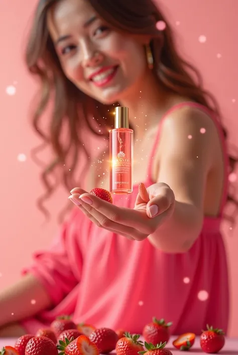 Product falling in the hand of a beautiful arab woman wearing pink dress surrounded with strawberries and amazing effects for health and beauty with pink background.